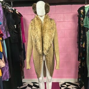 Jennifer Lopez Tan/Gold Faux Fur Collar Cardigan